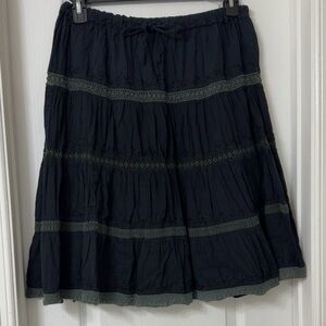 YS fashion black green tiered midi skirt 100% cotton drawstring boho One Size